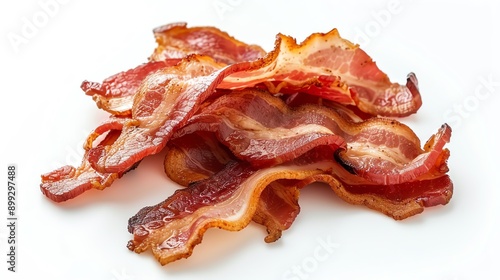 Fried bacon slices on solid white background, single object