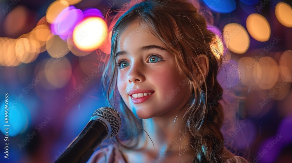 Naklejka premium Young Girl Singing with a Microphone on Stage