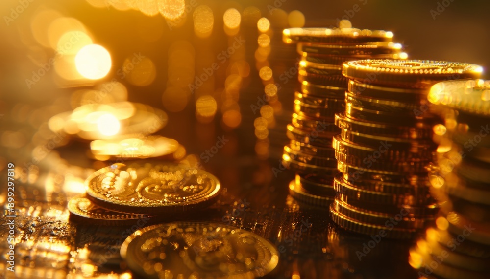 Stacks of Golden Coins in Ascending Order with Blurred Background Stacks of Golden Coins in Ascending Order with Blurred Background
