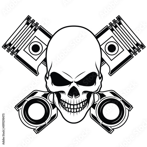 Skull and piston vector design. Black and white biker, badge, rider emblem design	
