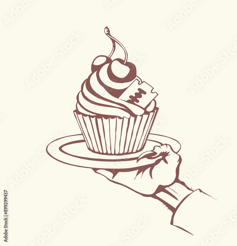 Vector drawing. The hand offers a treacherous treat