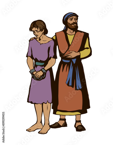 Vector drawing. Slave sold in the market