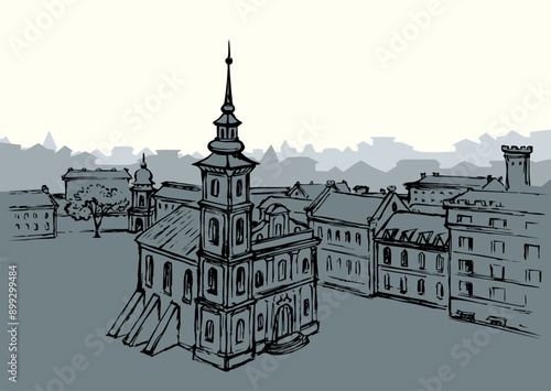 Vector drawing. Medieval cathedral in the center of the city square