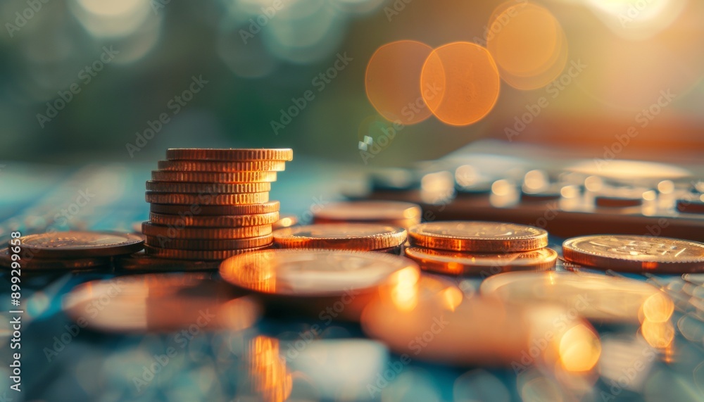 Stack of Coins and Calculator on Table with Sunlight, Financial Concept Stack of Coins and Calculator on Table with Sunlight, Financial Concept