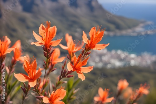  Table mountain watsonia flower bokeh background, AI Generated