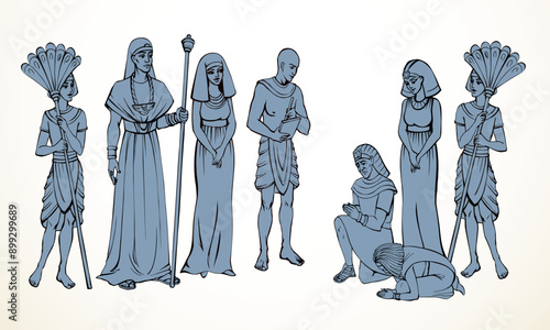 Vector drawing. Egyptian man bow befor pharaoh