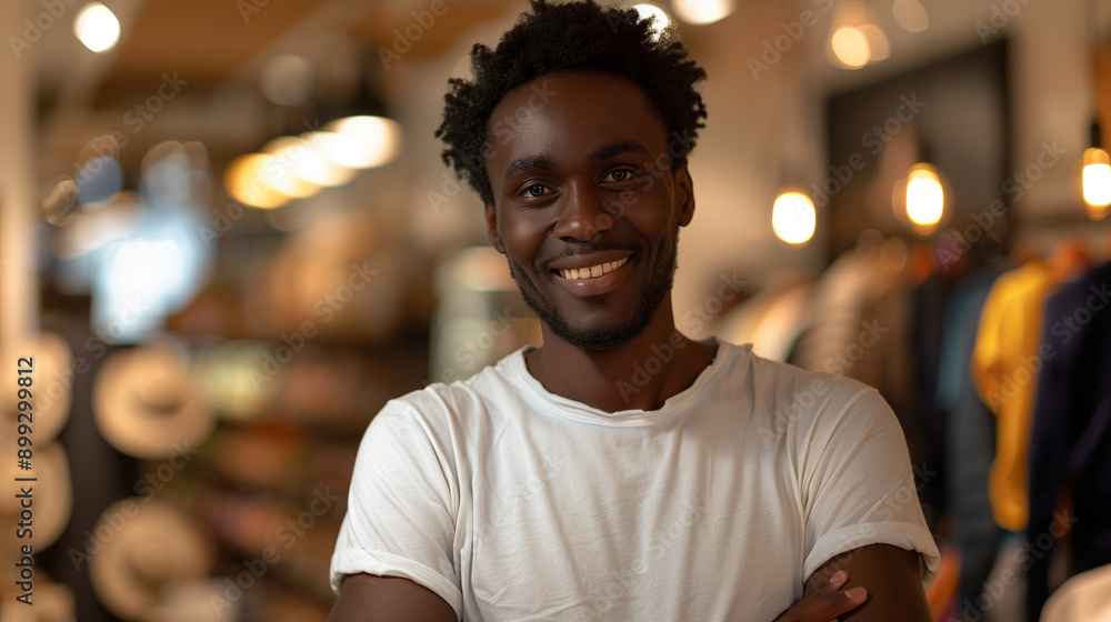 Smiling african american male shopper in clothing store Smiling african american male shopper in clothing store