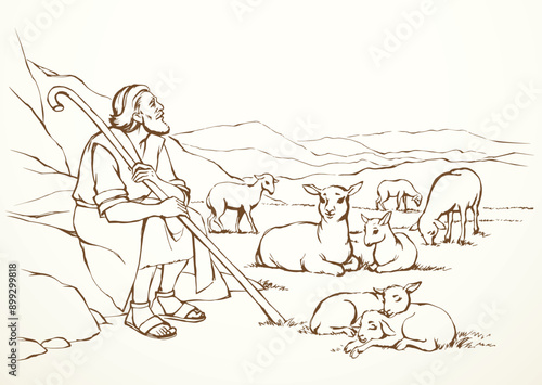 Vector drawing. Shepherd with sheep