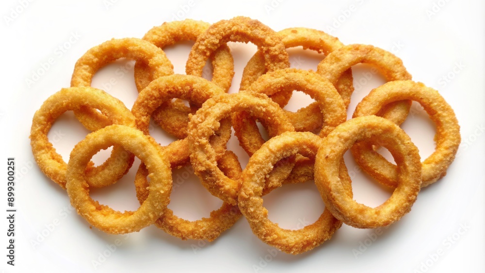 Crunchy golden brown onion rings perfectly arranged in a circular pattern on a clean and minimalist white background surface. Crunchy golden brown onion rings perfectly arranged in a circular pattern on a clean and minimalist white background surface.