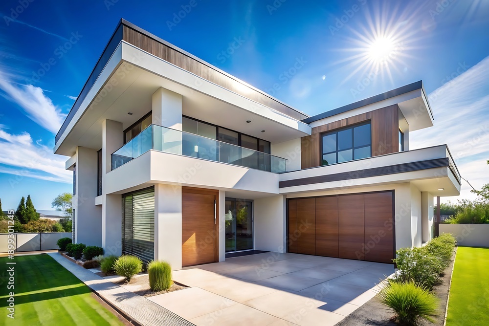 Fototapeta premium Modern house with a wooden door and garage door.