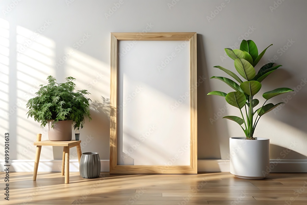 Blank Frame Mockup with Plants on Wooden Floor. Blank Frame Mockup with Plants on Wooden Floor.