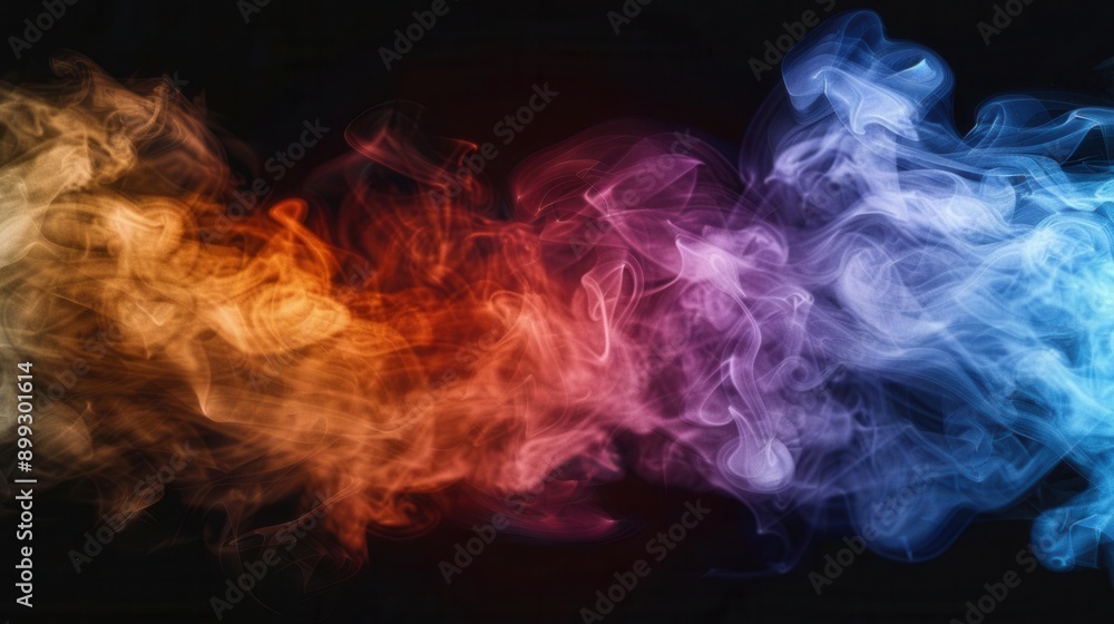 Fototapeta premium Multicolored smoke clouds on black, colorful abstract background, mysterious and dramatic