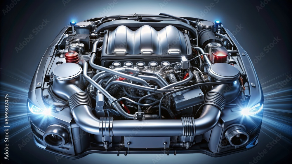 Fototapeta premium High-tech automotive diagnostic equipment with flashing lights and wires surrounds a sleek, silver engine on a gray background.