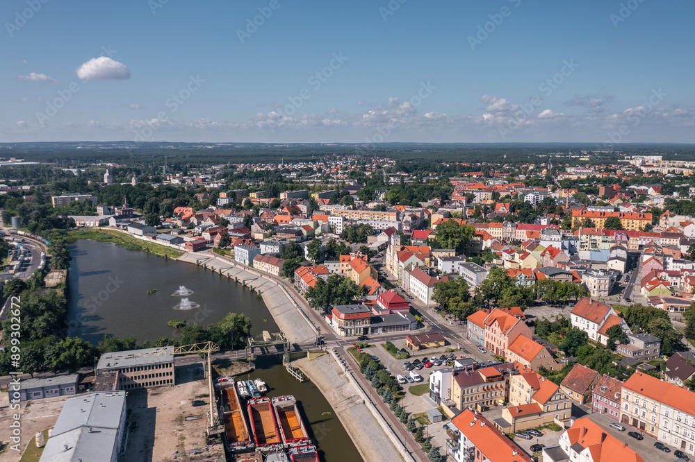 Summer skyline cityscape of Nowa Sól, a city on the Oder River in Lubusz region, Poland. Wide panoramic aerial view