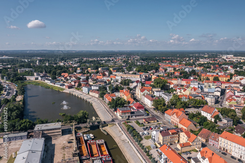 Obraz na płótnie Summer skyline cityscape of Nowa Sól, a city on the Oder River in Lubusz region, Poland. Wide panoramic aerial view w salonie