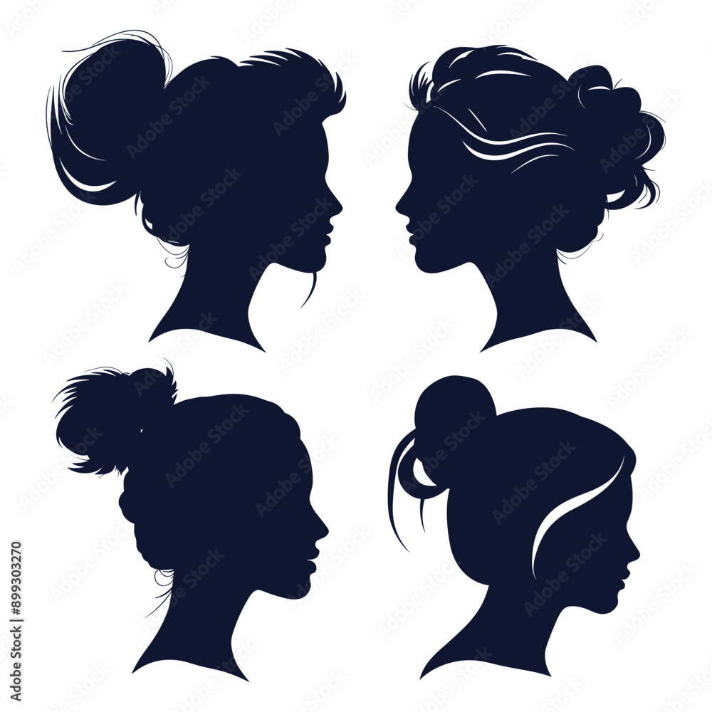 Set of four female silhouettes with different hairstyles. Perfect for design projects. Set of four female silhouettes with different hairstyles. Perfect for design projects.