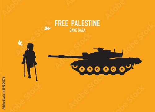 Child from Gaza, Brave Palestinian child confronts colonial military tank and disable kids girl with angry expression illustration concept