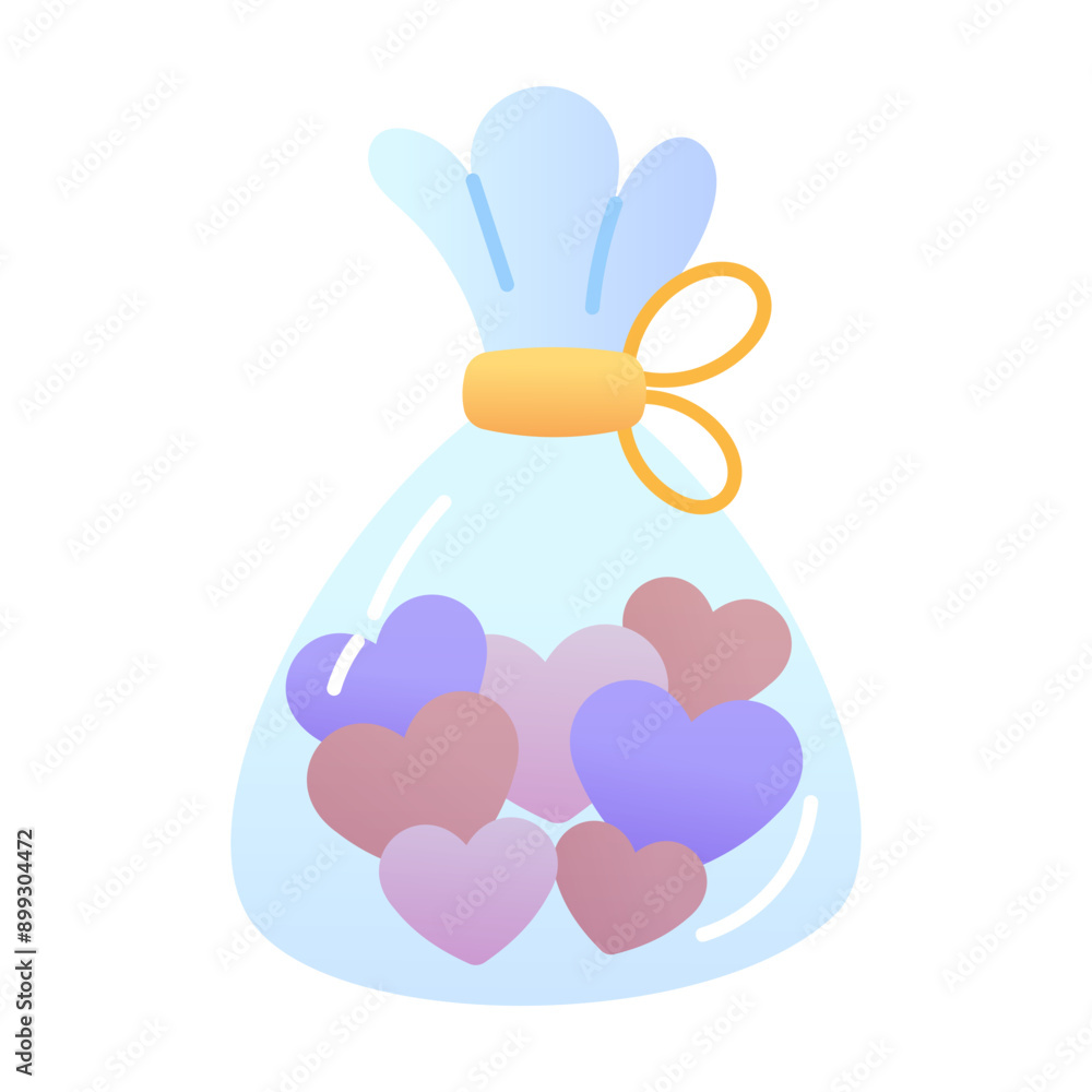 A flat icon of heart candies in a sack A flat icon of heart candies in a sack