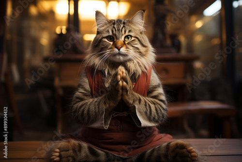 Small furry cat in clothes, meditating, with his hands together, generative AI