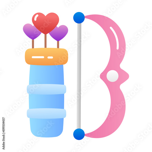 A flat style icon of cupid bow with heart arrows 