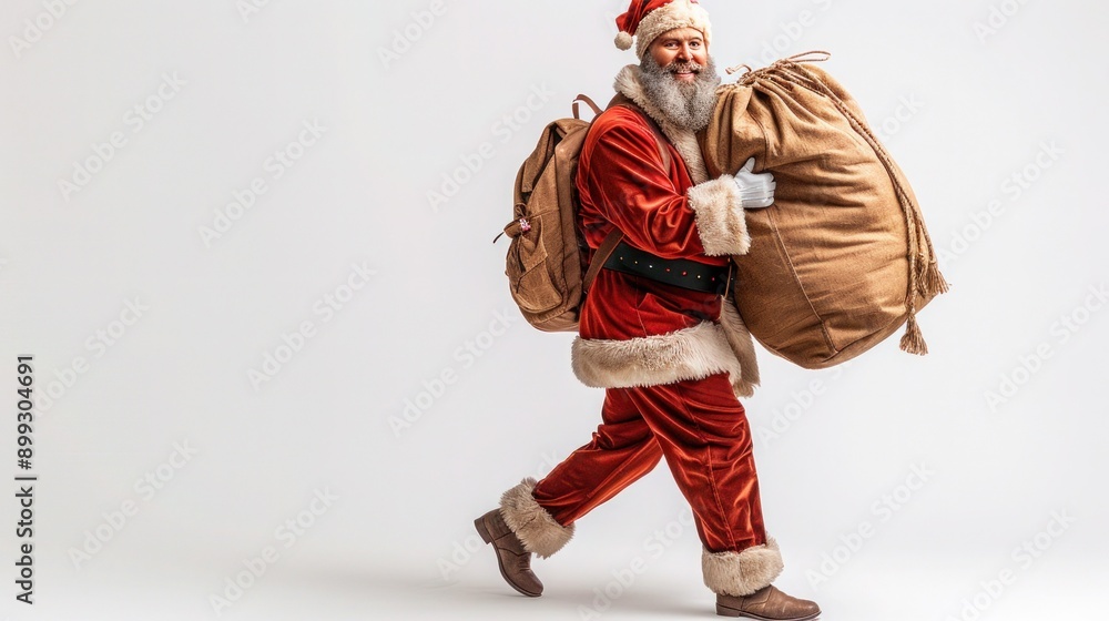 Fototapeta premium Santa Claus with Massive Present Bag on White Background - Perfect for Festive Greetings and Christmas Advertising