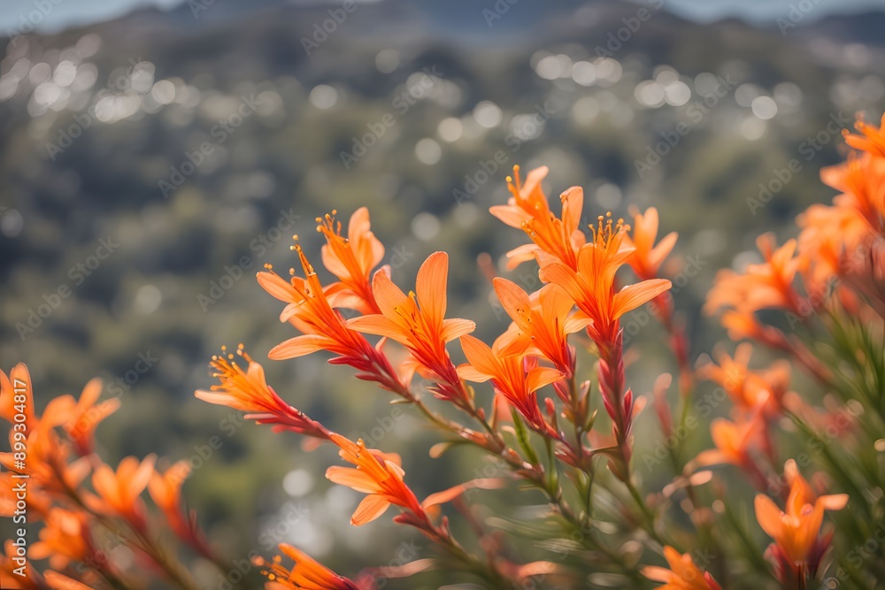 Table mountain watsonia flower bokeh background, AI Generated Table mountain watsonia flower bokeh background, AI Generated