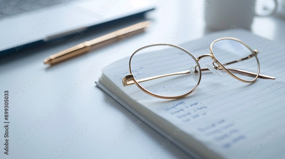 Clear and sharp flat lay of a minimalist workspace setup with a notebook, pen, and glasses Clear and sharp flat lay of a minimalist workspace setup with a notebook, pen, and glasses
