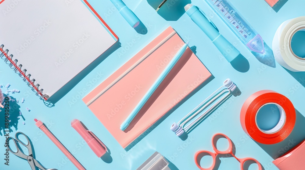 Fototapeta premium Ultra-clear flat lay of office essentials including a notepad, scissors, and tape dispenser