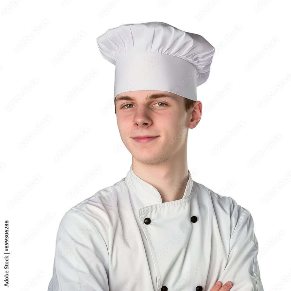Confident young male chef in white uniform, cut-out isolated on transparent background Confident young male chef in white uniform, cut-out isolated on transparent background