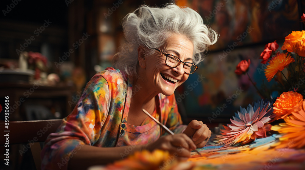 Obraz premium Elderly woman, very happy, with a big smile, wears glasses, has white gray hair, is wearing a colorful shirt, is in a painting workshop, generative AI