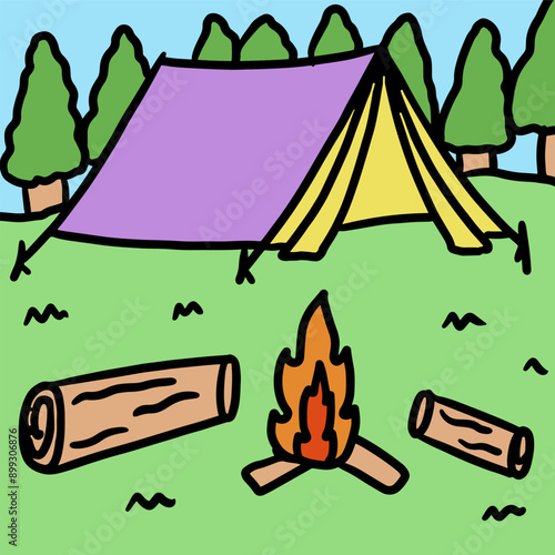 Hand drawn tent, wood, fire, tree, green grass, blue sky for summer camping, campfire, hobby, leisure, background, wallpaper, backdrop, poster, post card, trip, vacation, travel, summer break, print