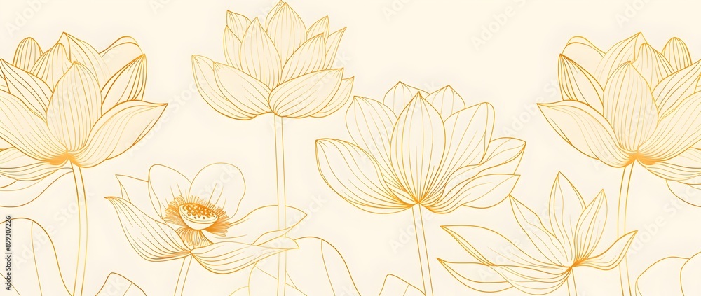 Abstract line art lotus flowers in beige and gold on cream background, vector illustration, contour, no shadows, highly detailed Abstract line art lotus flowers in beige and gold on cream background, vector illustration, contour, no shadows, highly detailed