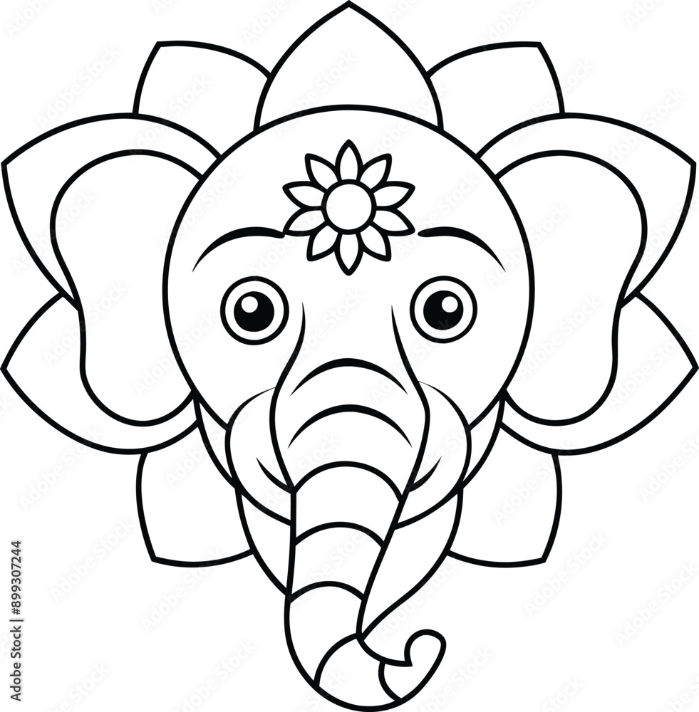 Fototapeta premium Elephant head coloring page kids friendly simple line art cute elephant face with geometric flower mandala design pattern minimal clipart art KDP coloring interior