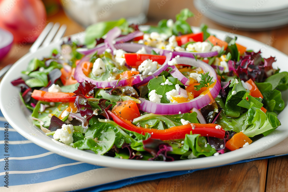 A colorful salad with mixed greens, red bell pepper, purple onion slices, feta cheese, drizzled with olive oil dressing, served on a white plate A colorful salad with mixed greens, red bell pepper, purple onion slices, feta cheese, drizzled with olive oil dressing, served on a white plate