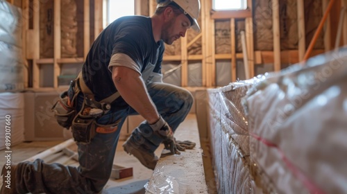 A dedicated construction worker kneels down to install insulation in a home, showcasing craftsmanship and focus on quality.