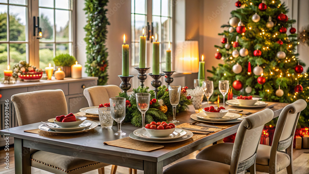 Festive Christmas table setting with elegant decor fills the warm wooden dining room, perfect for a cozy indoor dinner party Festive Christmas table setting with elegant decor fills the warm wooden dining room, perfect for a cozy indoor dinner party