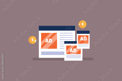 Advertising network displaying ads on various digital devices, Ad display on computer, tablet and mobile, responsive ads, Digital ad network. Vector illustration background.