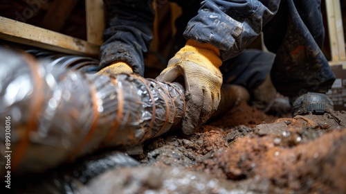 A worker installs ducting in an underground space, highlighting tools, dirt, and manual labor in construction.