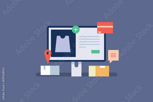 Add Products to eCommerce store, eCommerce website inventory management, eCommerce software technology processing online orders. Vector illustration background.
