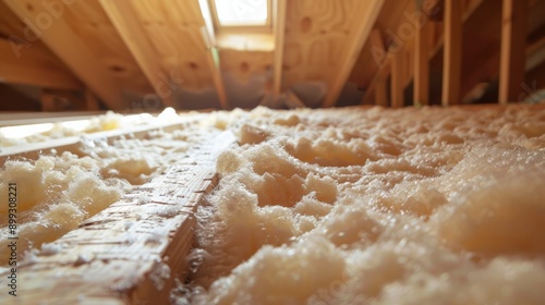 Close-up view of insulation material in an attic, showcasing wooden beams and natural light streaming through a skylight. photo