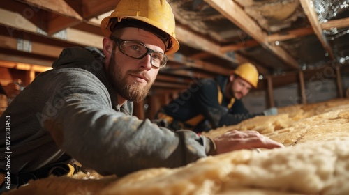 Two workers install insulation in a building, wearing safety helmets and glasses for protection during construction.