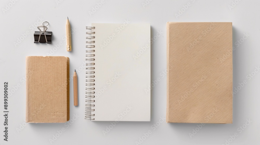 Flat lay of a simple stationery collection with a blank journal, pencil, and sharpener Flat lay of a simple stationery collection with a blank journal, pencil, and sharpener