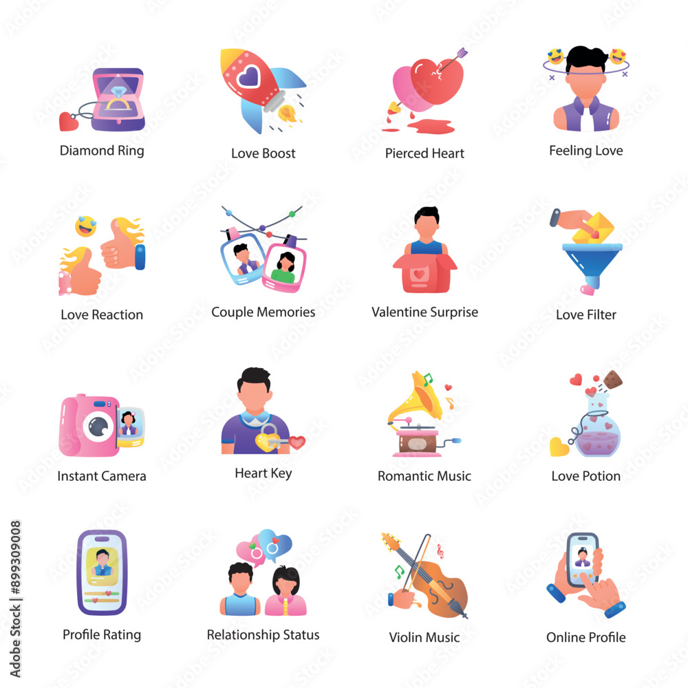 Fototapeta premium Collection of Dating and Valentine Flat Style Icons