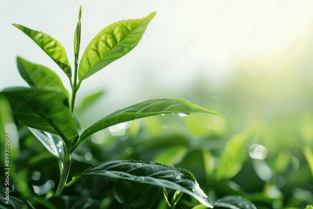 Green Tea Explosion with fresh green tea splatters and sunlight filtering through the leaves Green Tea Explosion with fresh green tea splatters and sunlight filtering through the leaves