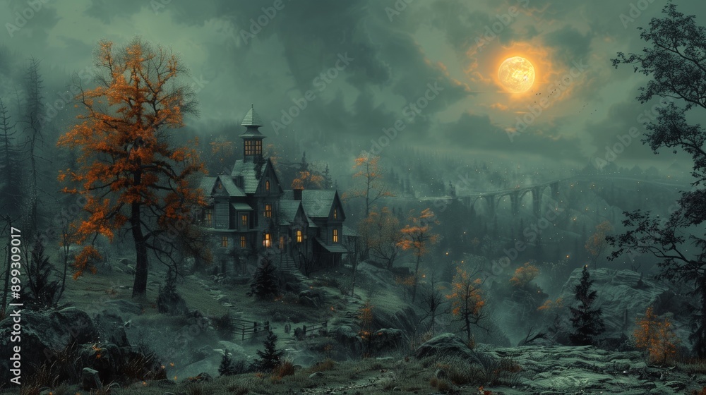 Obraz premium Halloween Art Postcard, Fantasy style illustration Halloween wallpaper background