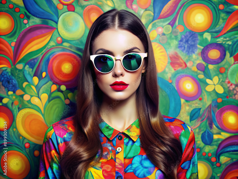 Vibrant abstract background featuring a stylish brunet model in a colorful outfit and trendy sunglasses, exuding confidence and fashion-forward style. Vibrant abstract background featuring a stylish brunet model in a colorful outfit and trendy sunglasses, exuding confidence and fashion-forward style.