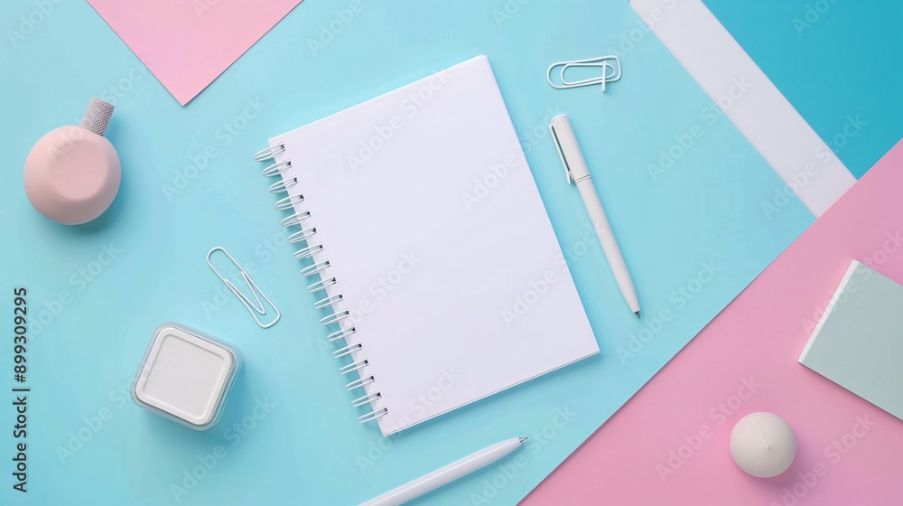 Minimalist flat lay of stationery essentials with a notebook, pen, and eraser on a clean surface Minimalist flat lay of stationery essentials with a notebook, pen, and eraser on a clean surface