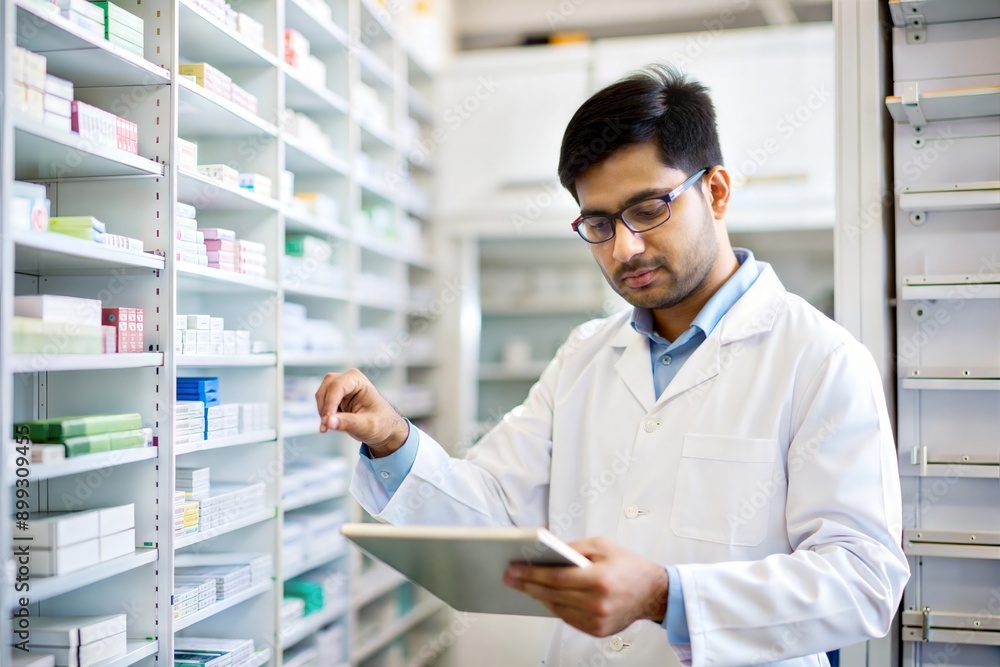 Fototapeta premium Indian Pharmacist Organizing Medicine Boxes on Pharmacy Shelves 