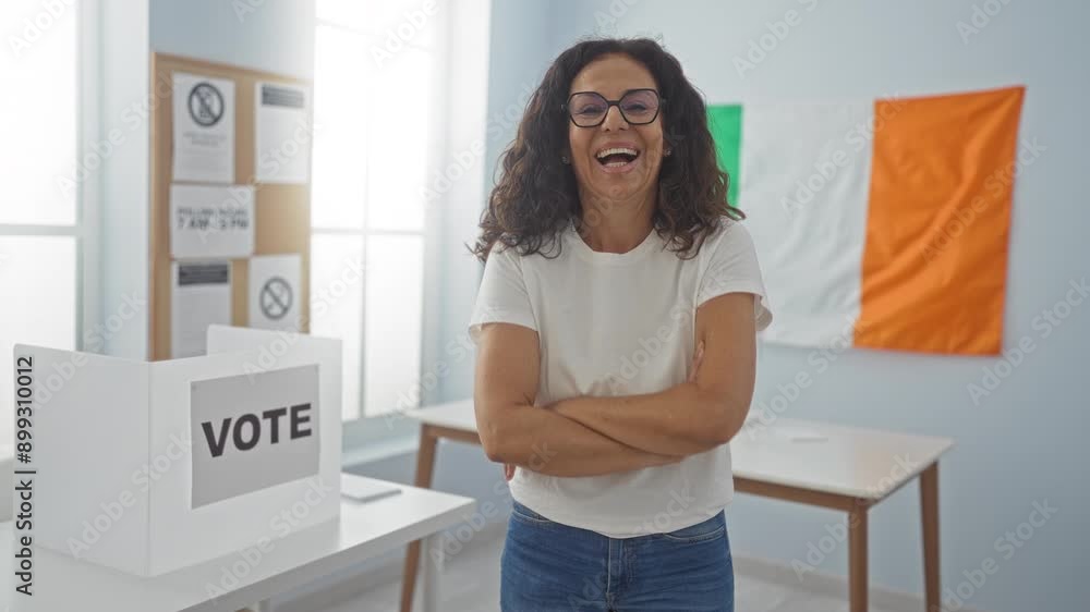 Vote, middle age hispanic woman confidently standing at irish electoral college, smiling and showing teeth, happy and positive for the ballot Vote, middle age hispanic woman confidently standing at irish electoral college, smiling and showing teeth, happy and positive for the ballot