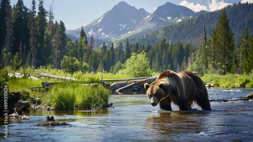 The diverse wildlife of Yellowstone, featuring a close-up of a grizzly bear fishing in a river, with lush forest and mountains in the background